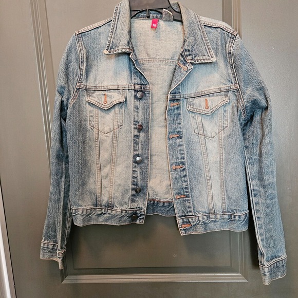 VTG H&M DIVIDED Jean Jacket Women's‎ Size 12 Cropped Acid Wash 100% Cotton Denim - Picture 1 of 10